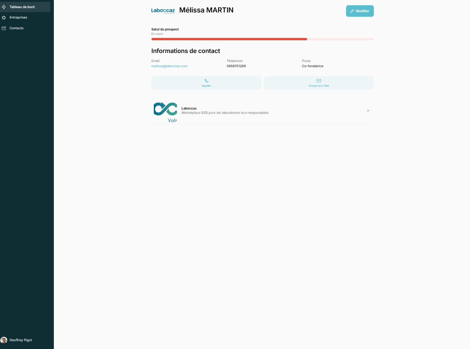 Fiche contact : détail d'un prospect avec statut, coordonnées et actions rapides.